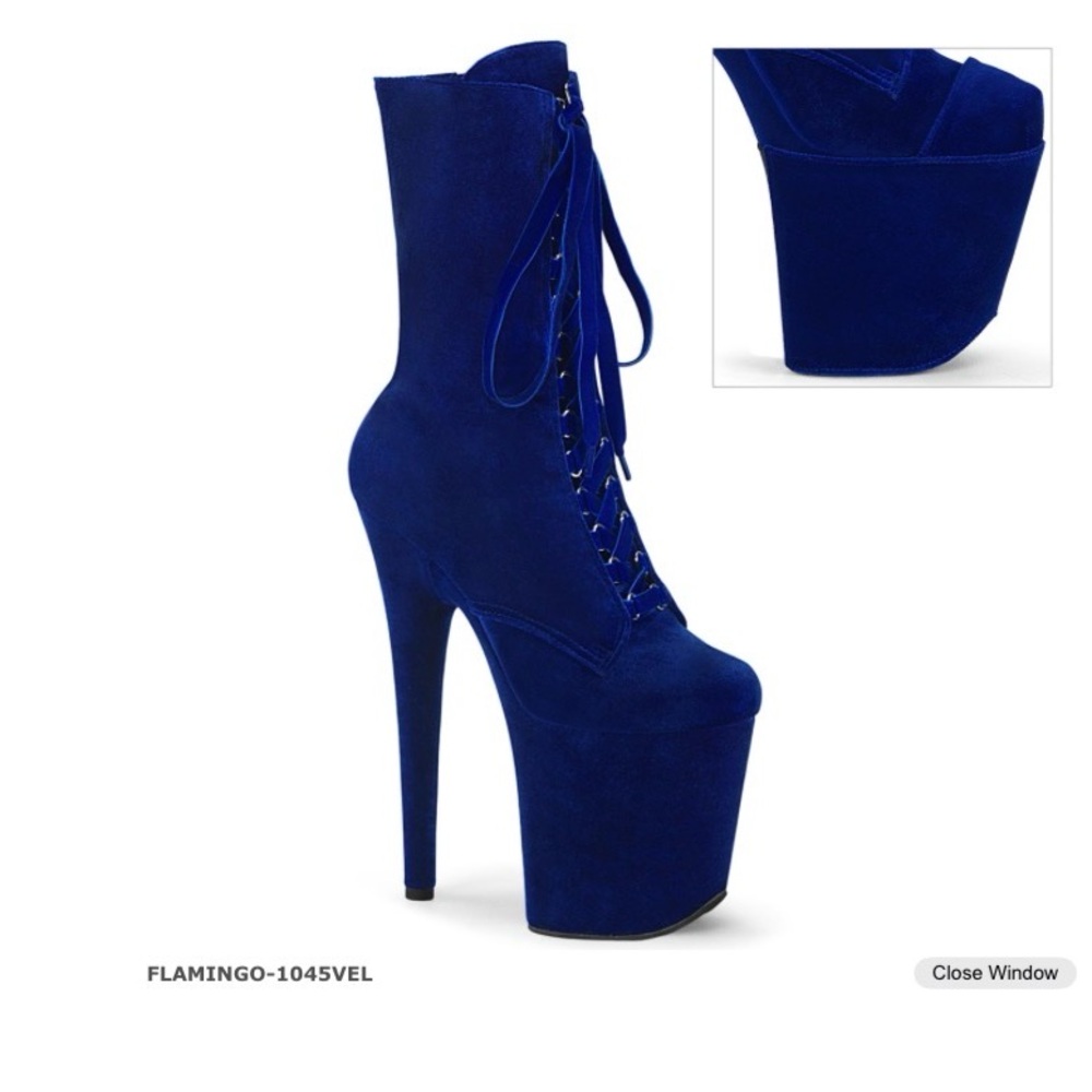 Pleaser platform boots velvet Royal Blue 8” heels. Comes with shoe cover.